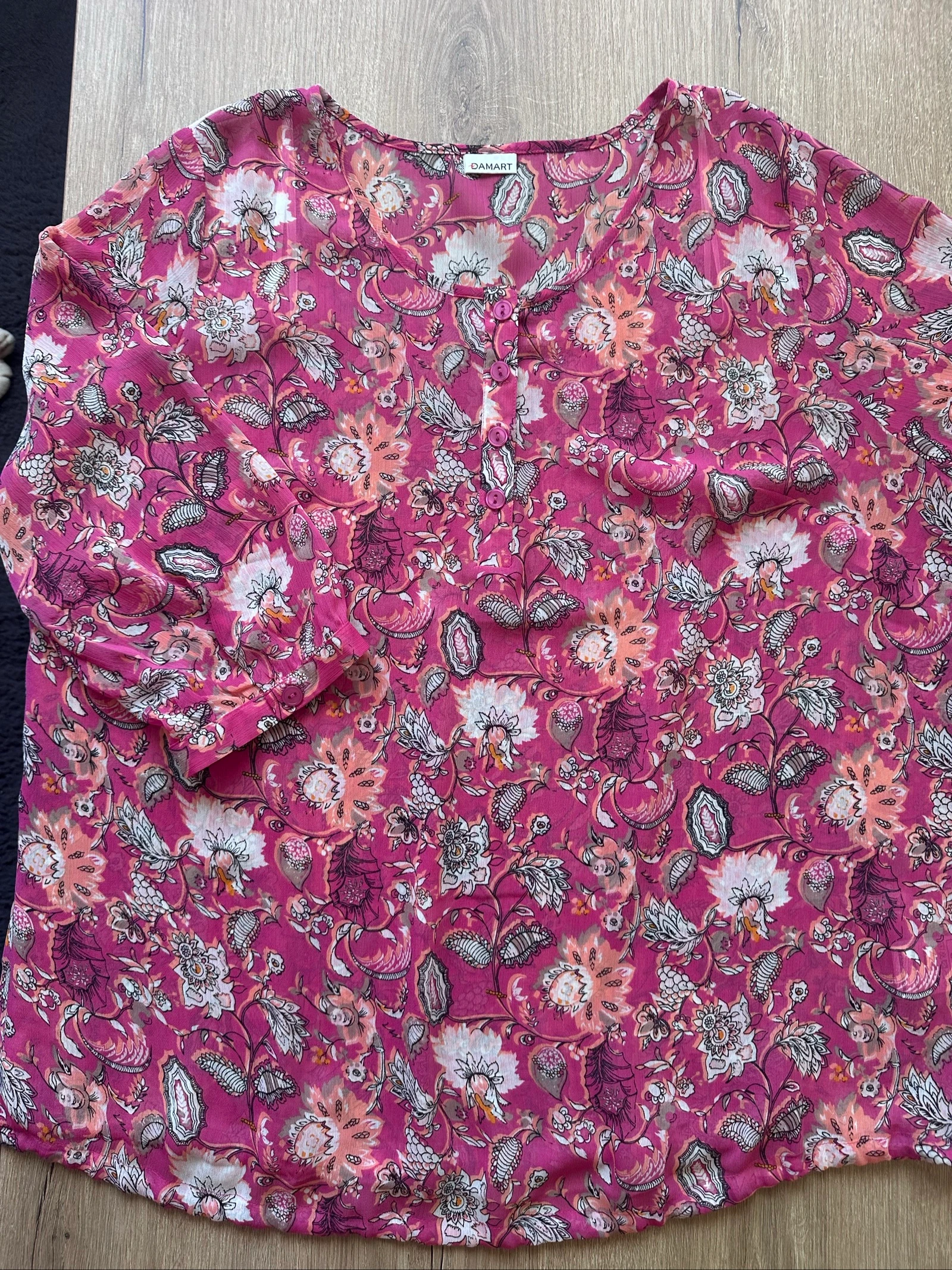 Pink Fuchsia Floral Blouse Damart Size 48 – Excellent Condition – Drawstring Tie – photo 10